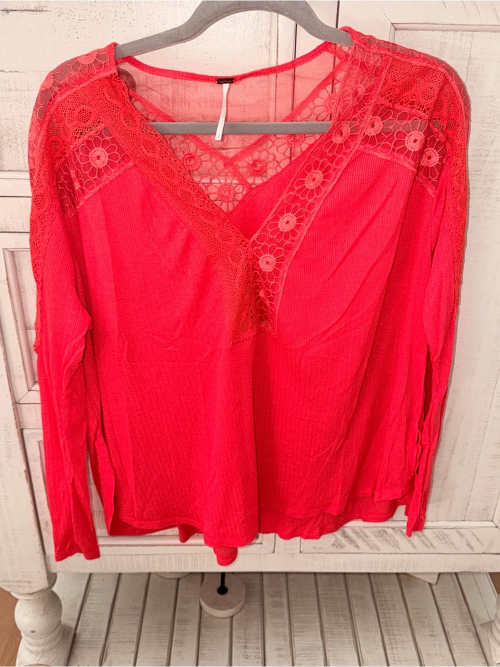 Free People Women’s Lace-Trim Long Sleeve Top - Bright Pink